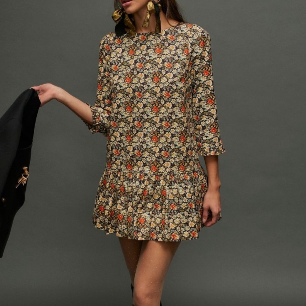 Free People Brown and Cream Puff Sleeve Mini Dress